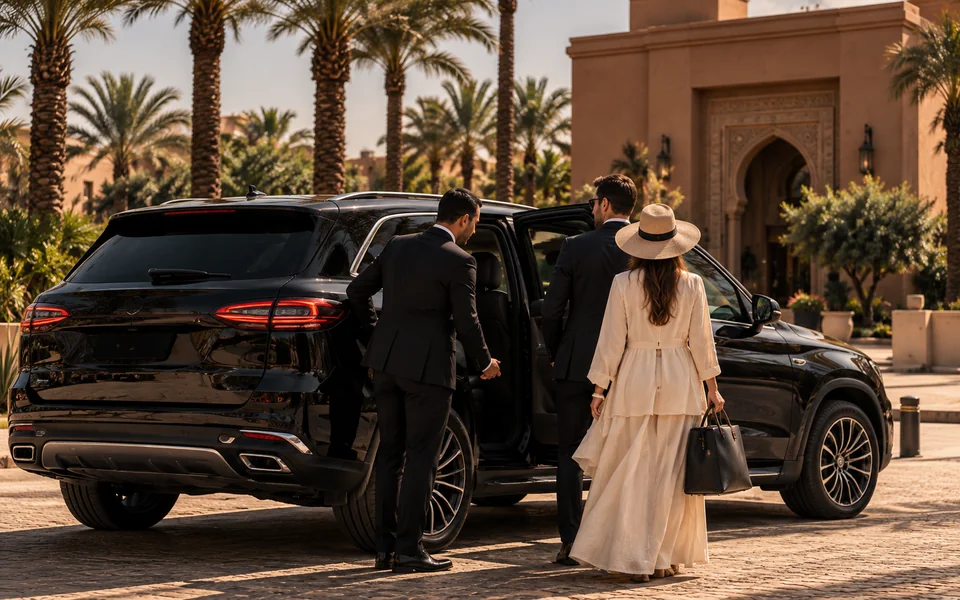 A driver holding the car door open outside a Moroccan entrance