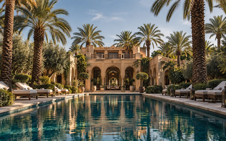 A villa pool among palms