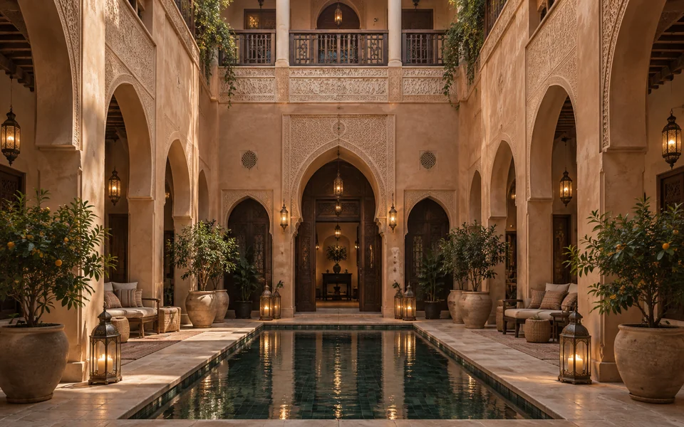 A riad courtyard with a fountain