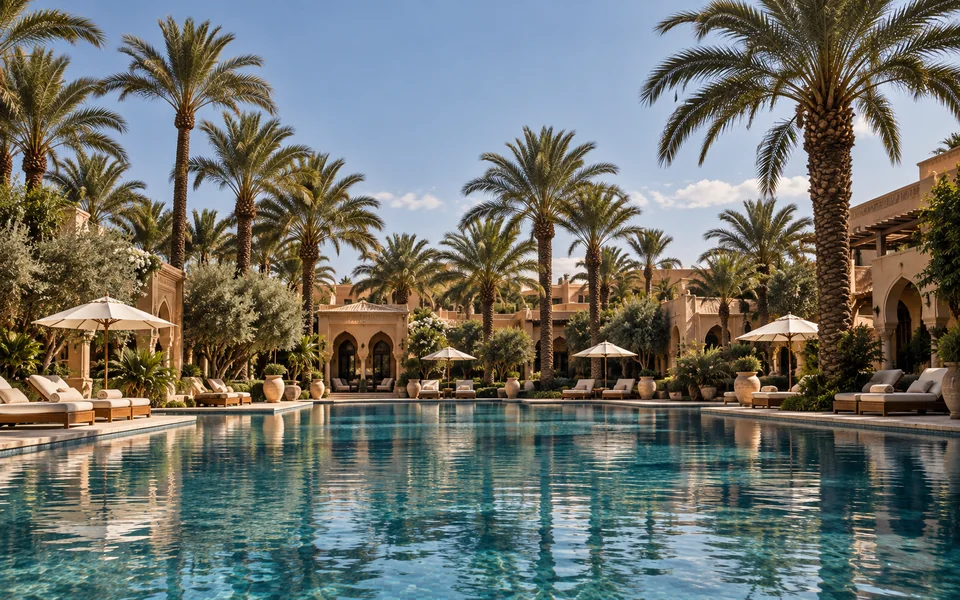 A resort pool at dusk