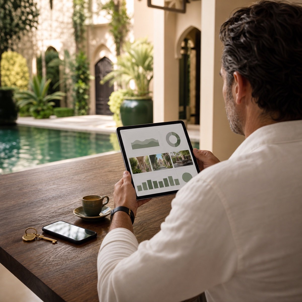 Villa owner reviews a property report on a tablet beside a pool in Marrakech